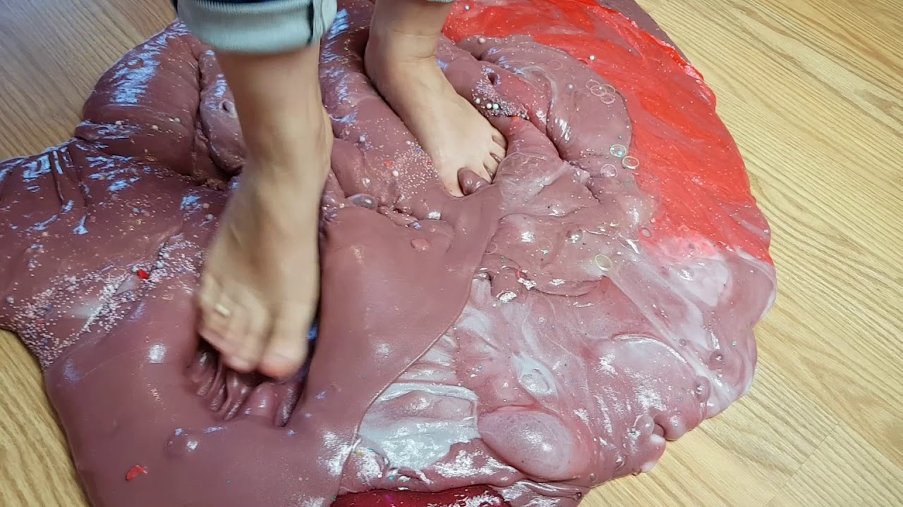 Foot slime video - feet into slime. Mixing all my slime  into a giant slime smoothie