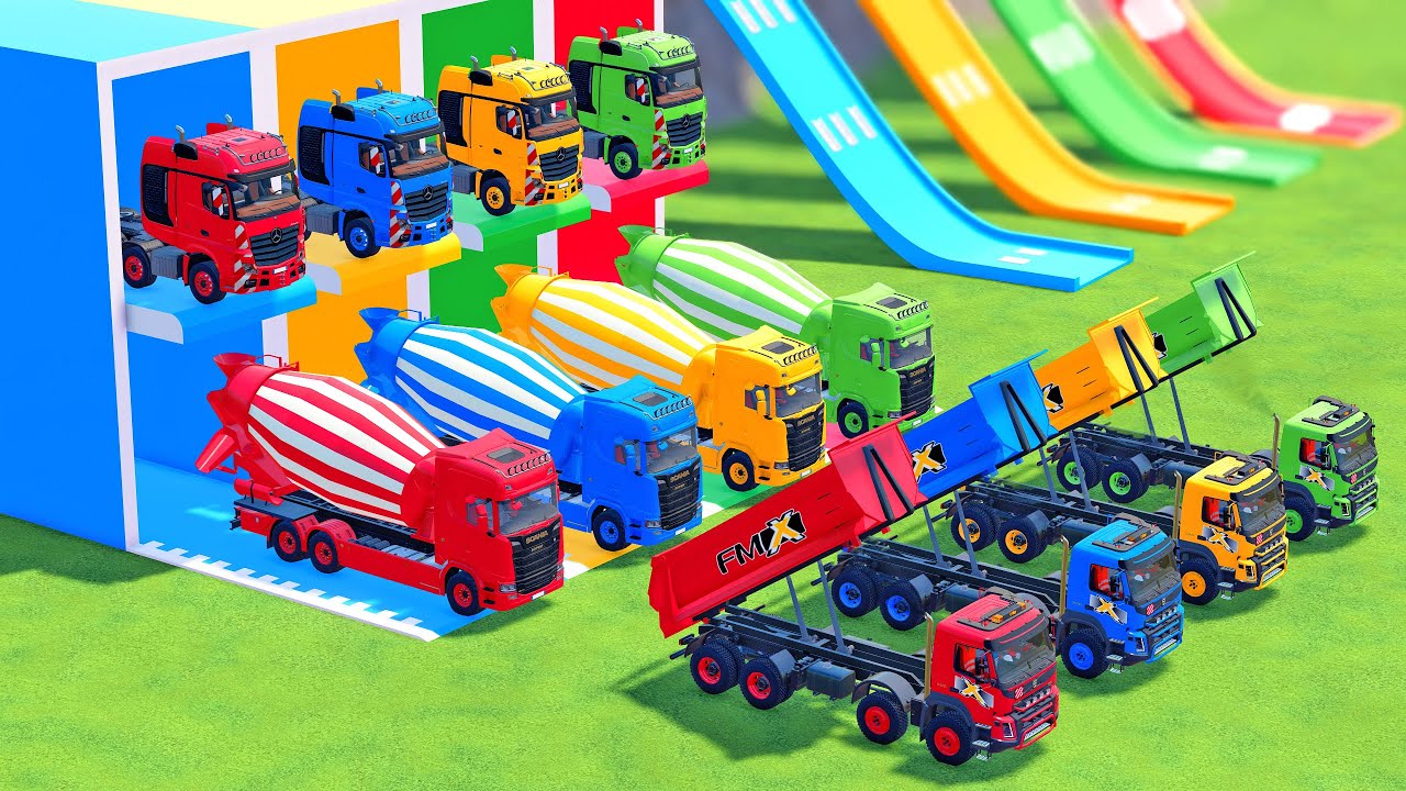 TRANSPORT OF COLOR ! ALL COLOR MIXER TRUCK WITH DOUBLE FLATBED TRUCK, DUMP TRUCK, MAN, VOLVO - FS22