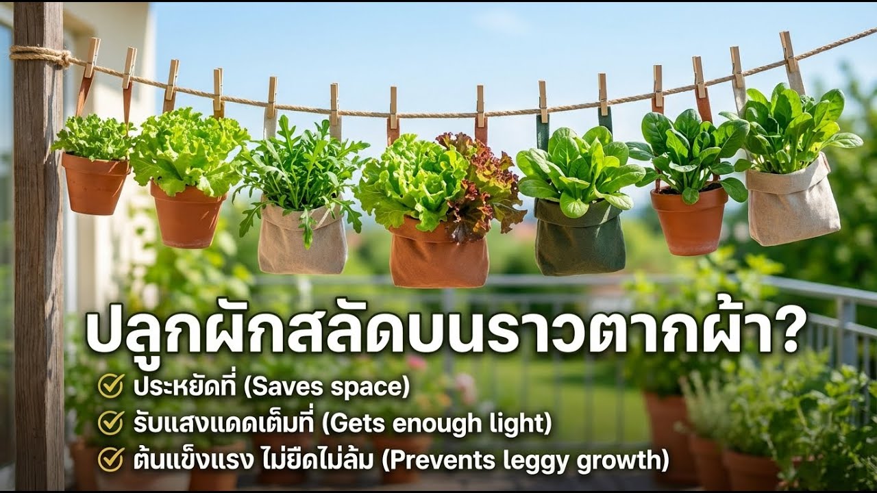 ผักสลัดแขวนในราวตากผ้า: ประหยัดพื้นที่ ได้แสงดี ไม่ยืดยาว