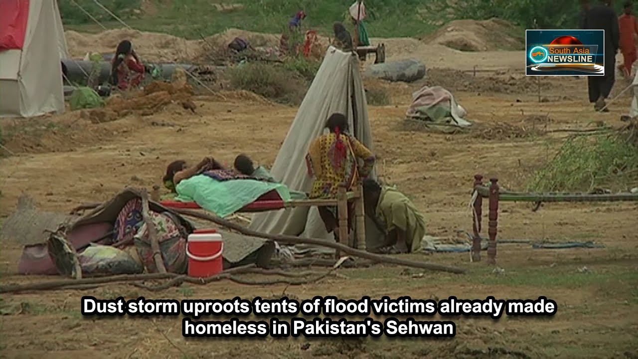 Dust storm uproots tents of flood victims already made homeless in Pakistan's Sehwan