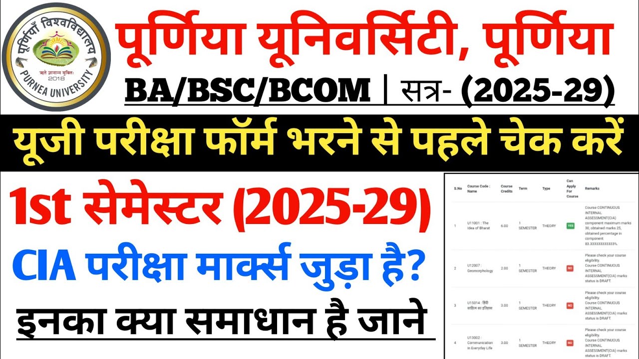 Purnea University UG 1st semester exam form kaise bhare 2025-29 | UG CIA Marks not add problem 2026