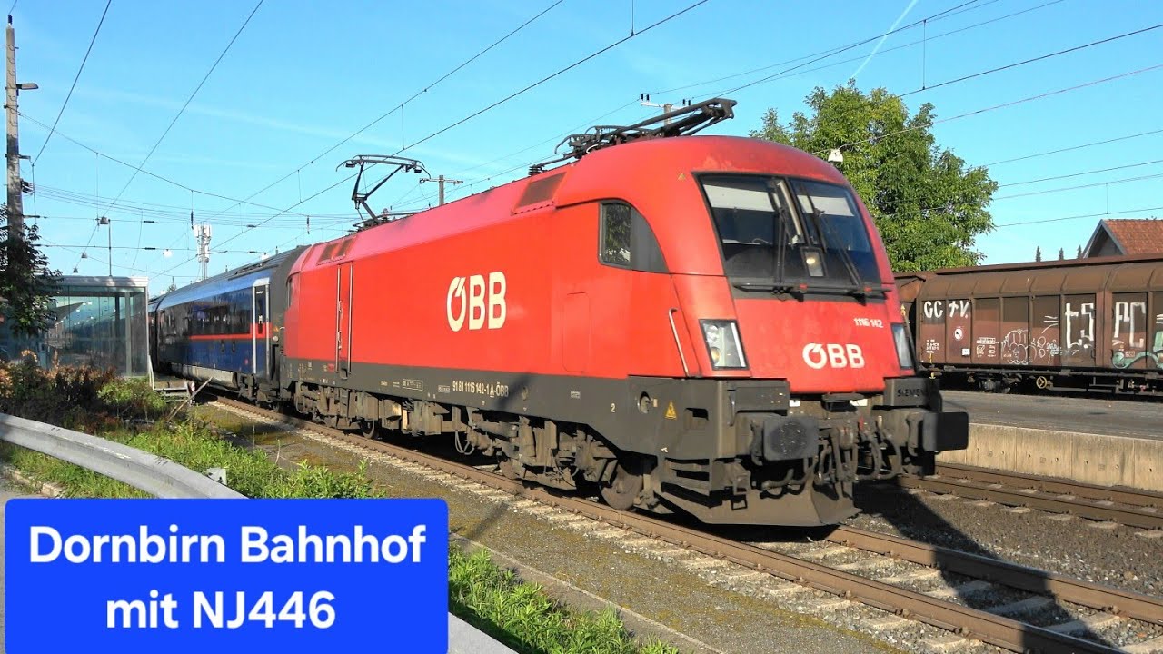 Bahnhof Dornbirn: Nightjet 446 Wien-Bregenz, Railjet, VMOBIL S-Bahn Rh4748 & Dosto mit Taurus