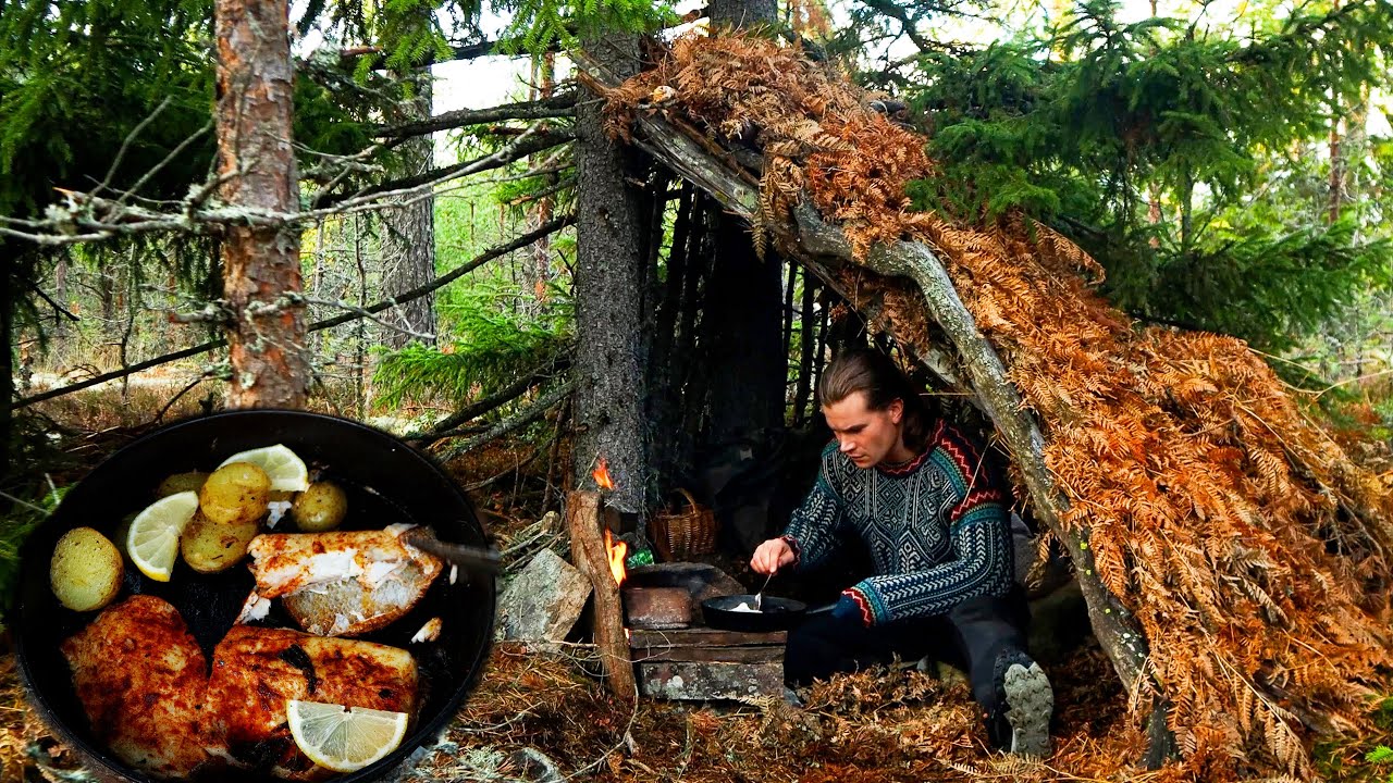 CATCH & COOK at my Primitive Shelter: Wild Pike Cooking ASMR