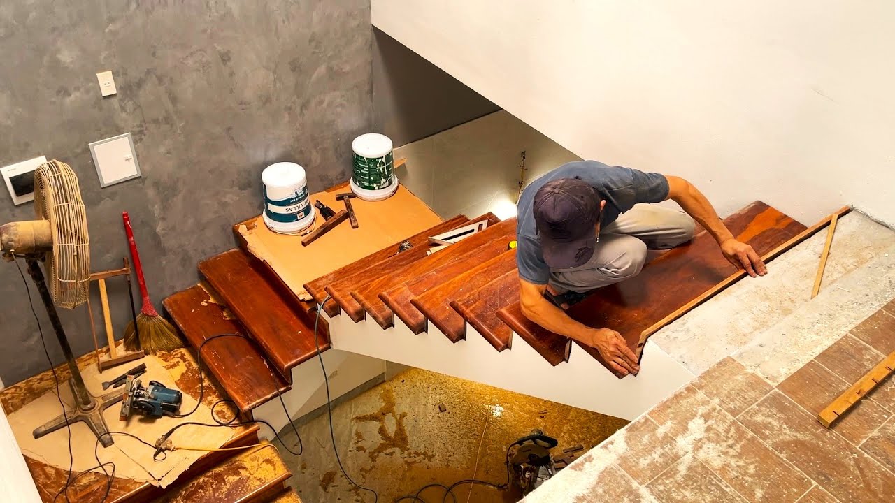 How To Building Wooden Stair // Wood Worker Install Wooden Stair Handrail In The New House