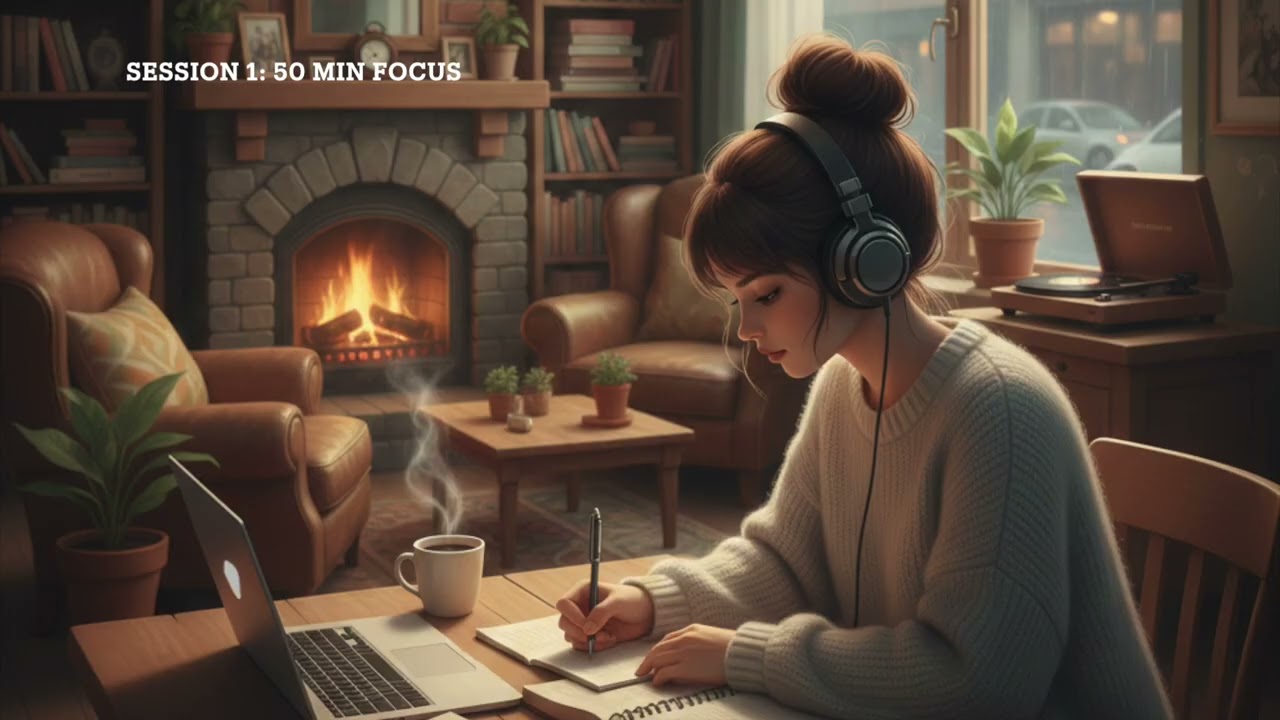2-HOUR STUDY WITH ME in a Cozy Cafe | Fireplace Sounds & Deep Focus, Pomodoro 50/10