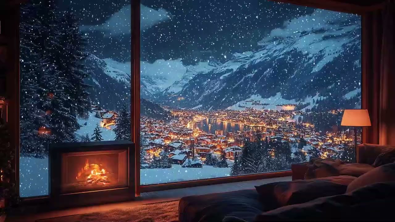 Cozy Winter Ambience | Soft Falling Snow & Fireplace Sounds for Sleep and Relaxation