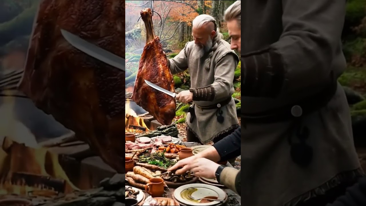 Epic Viking Feast Roasting Giant Meat Over Open Fire in the Forest
