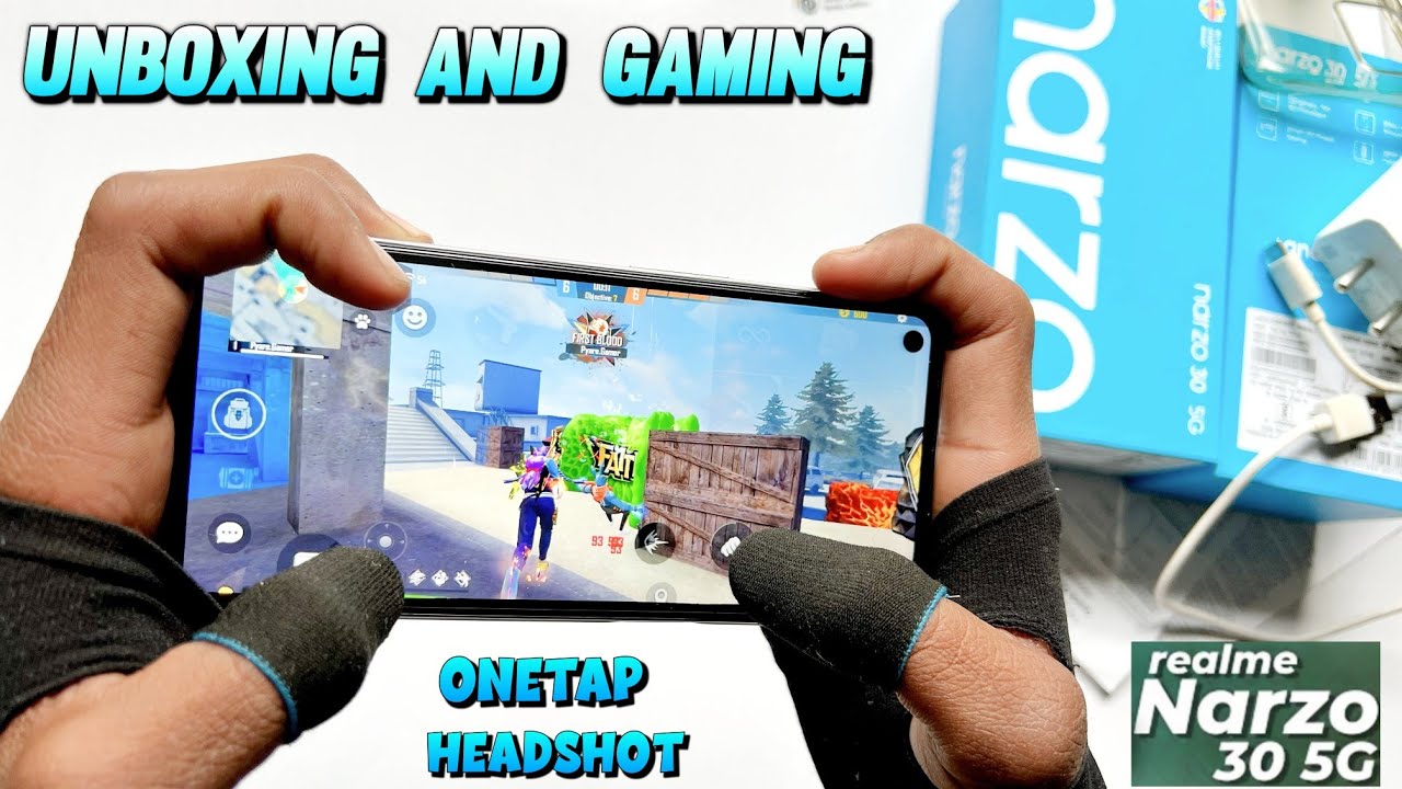 Realme narzo 30 5g unboxing and free fire test with 3 finger handcam one tap headshot gameplay