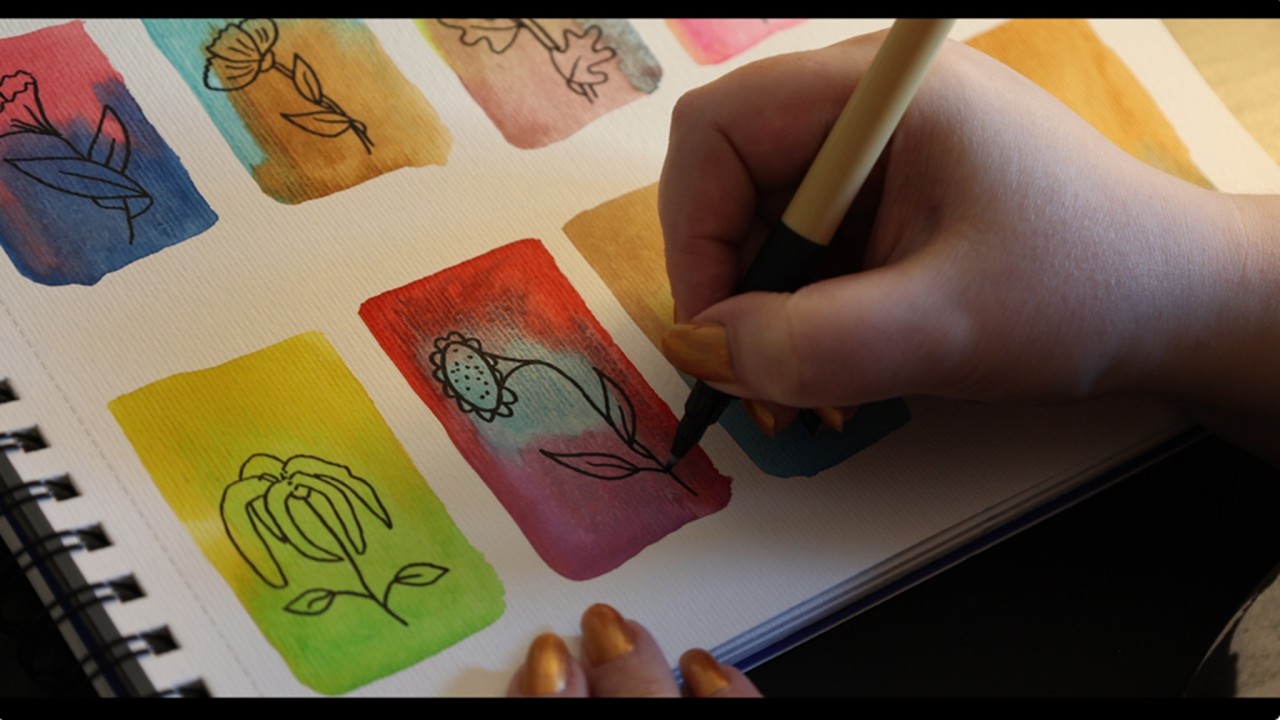 Drawing Flowers over a Watercolor Wash - Calm Creative Video