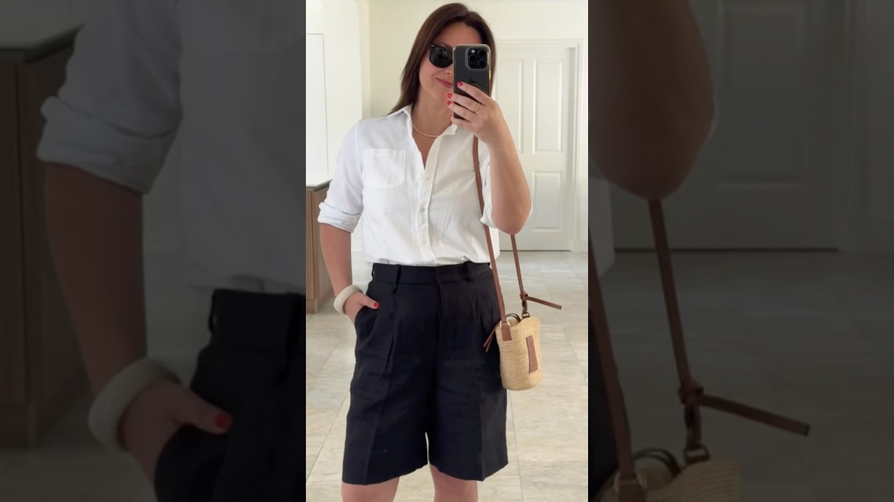Bermuda shorts outfit 🙌 #neutralstyle #whiteshirt #blackshorts #bermuda #loewebag