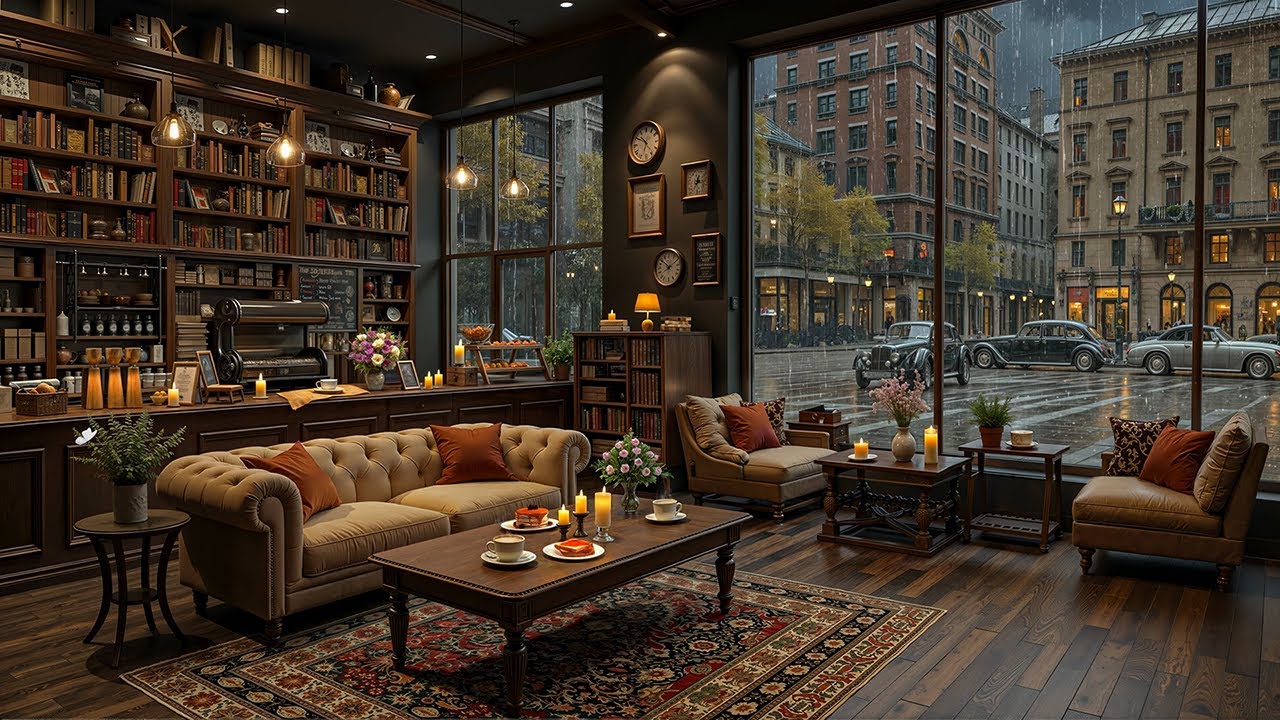 Elegant Library Caf&eacute; on a Rainy Afternoon ☕ Relaxing Jazz Piano & Cozy Ambience for Focus & Study