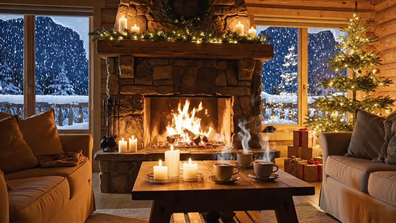 Cozy Christmas Fireplace Ambience 🎄 Crackling Fire & Snowy Cabin Night