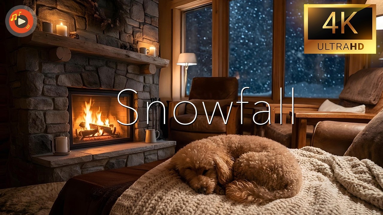 Cozy Winter Night: Cute Dog Sleeping by the Fireplace | Soft Snowfall & Crackling Fire Ambience