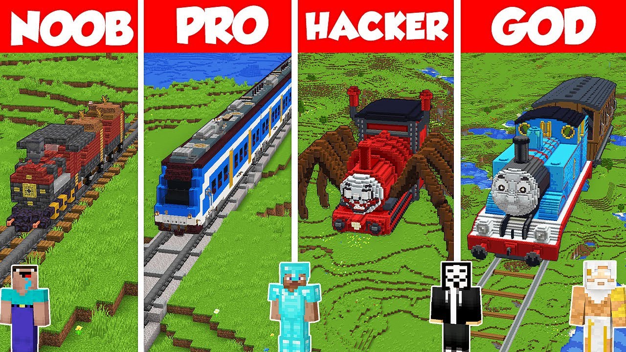 TRAIN BASE HOUSE BUILD CHALLENGE - Minecraft Battle: NOOB vs PRO vs HACKER vs GOD / Animation