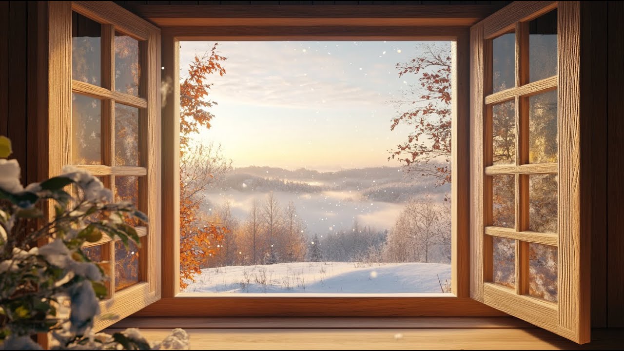 Winter Sunrise Through the Window | Gentle Snowfall & Quiet Morning