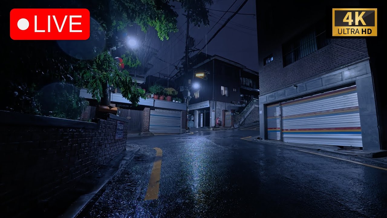 4K Heavy Night Rain Live in a Seoul Alley: Relaxing Rain Sounds & Ambience