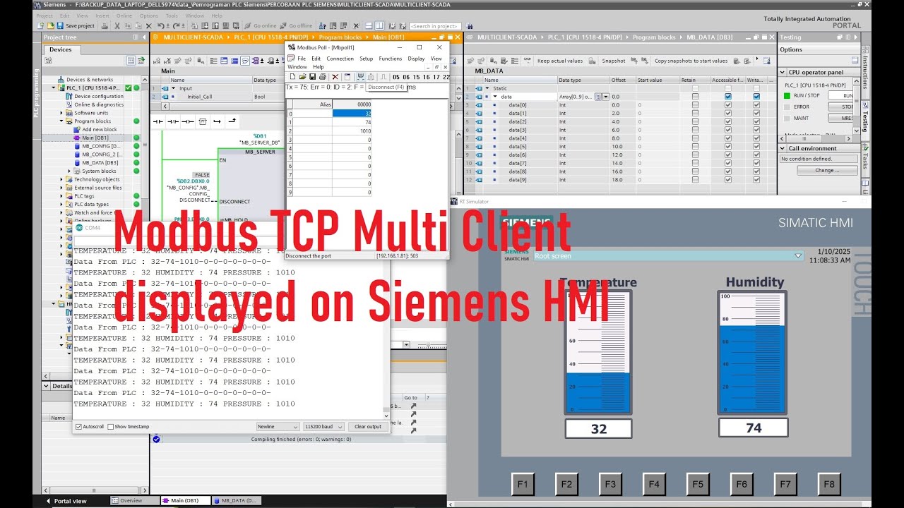 Modbus TCP Multi Client ESP32, Modbus Poll and PLC Sim Advance V 5.0 are displayed on Siemens HMI