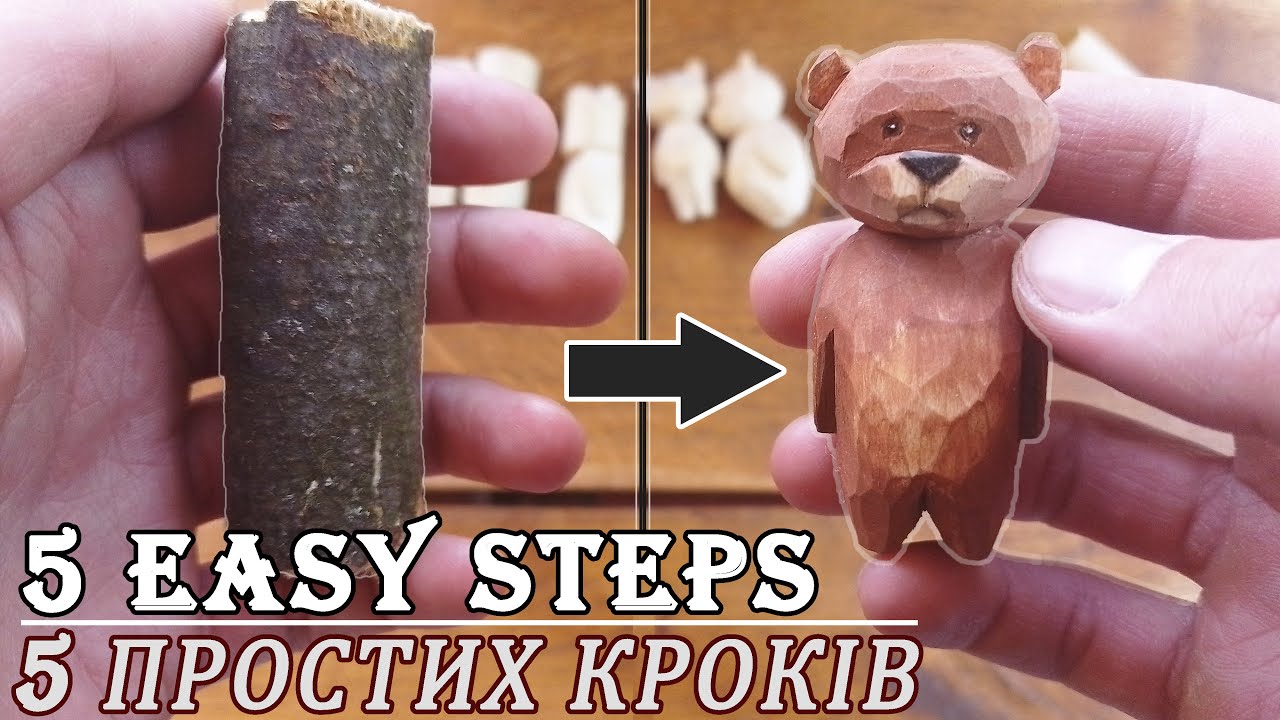 I like how sound a tree. TEDDY-BEAR! Easy woodcarving from BRANCH in 5 STEPS, coloring, birdsong.