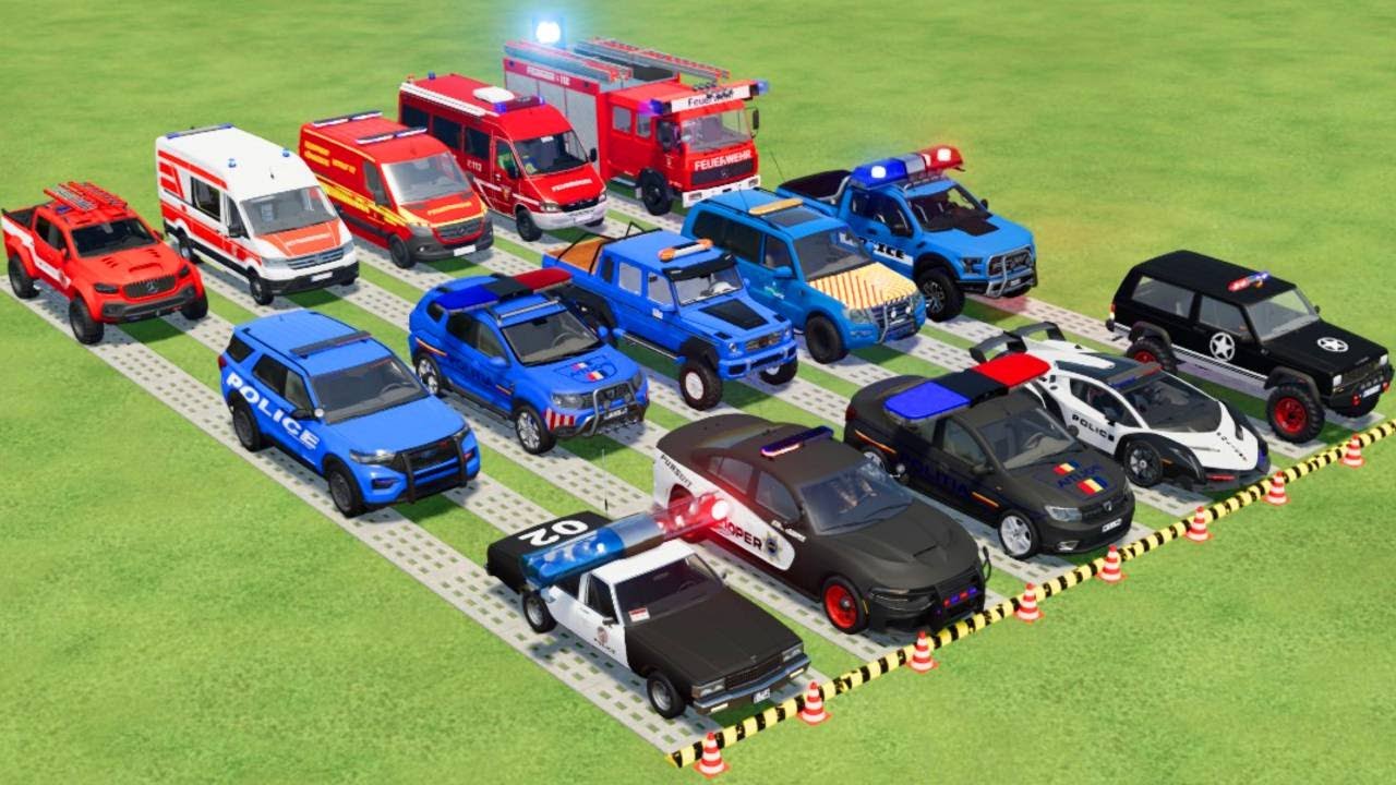 TRANSPORTING ALL POLICE CARS, AMBULANCE, FIRE TRUCK, COLORFUL CARS WITH TRUCK -FARMING SIMULATOR 22!