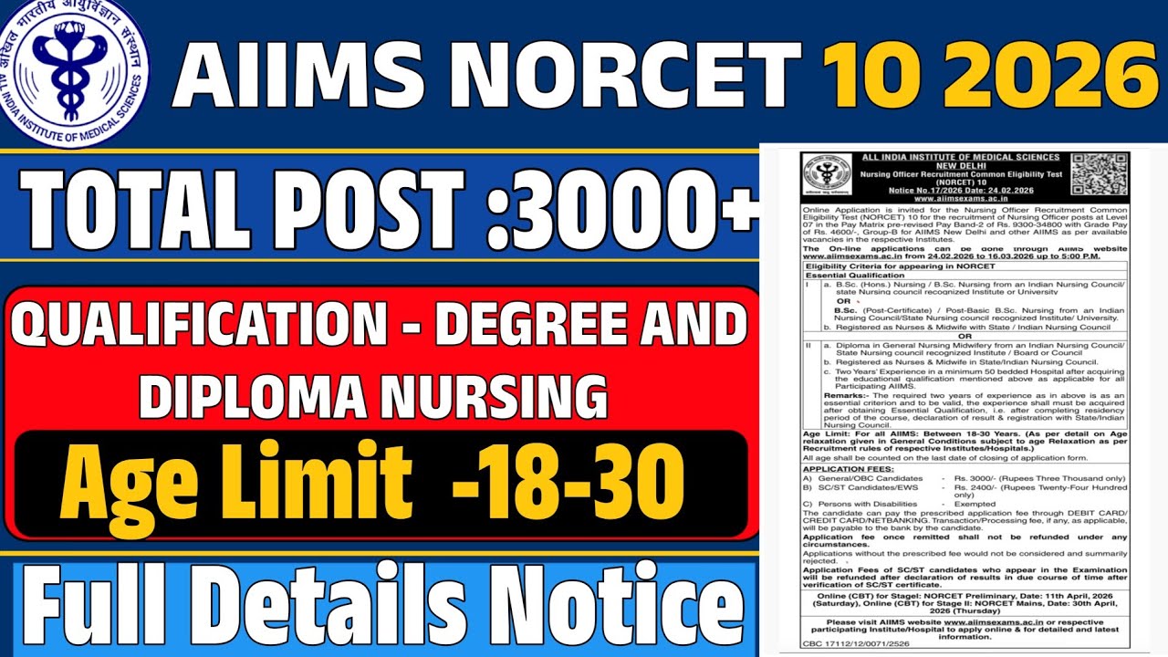 AIIMS NORCET 10 Notification 2026 Out, 3000+ Vacancies, Full details notification #aiims #nursing 