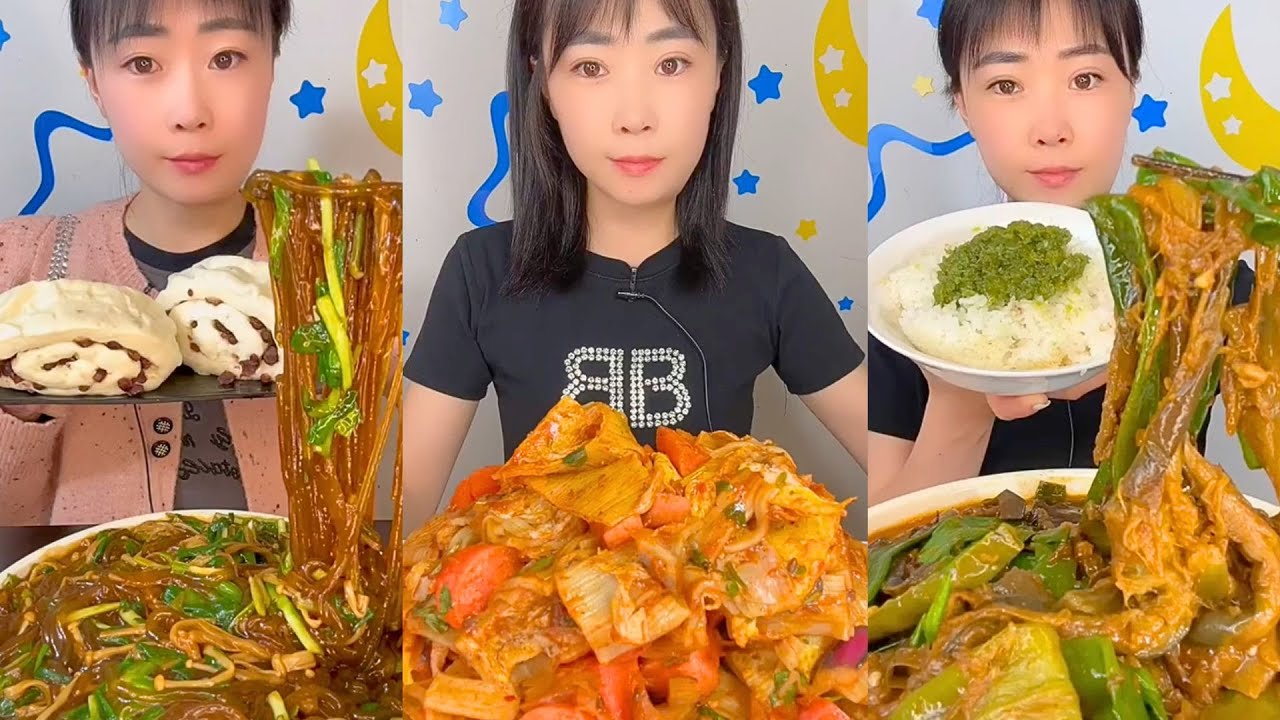 Glass Noodles, Kimchi Salad, Rice, and Buns Mukbang Meal