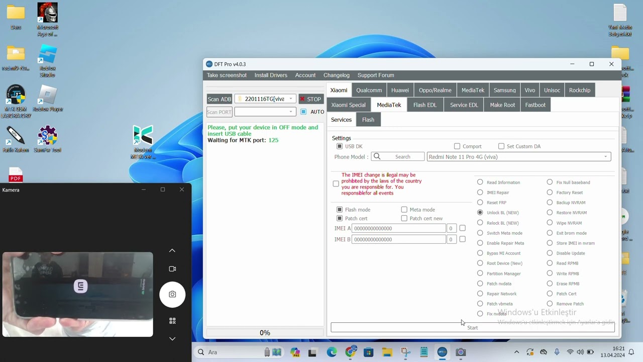 Redmi Note 11 Pro 4G Viva  imei repair  DFT Pro BL Locked Dirençsiz işlem