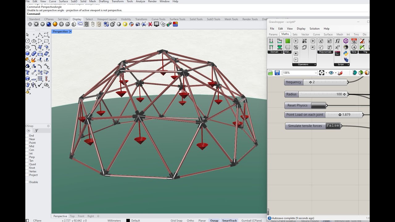Geodesic dome under point loads | Physics simulated with Rhino Grasshopper