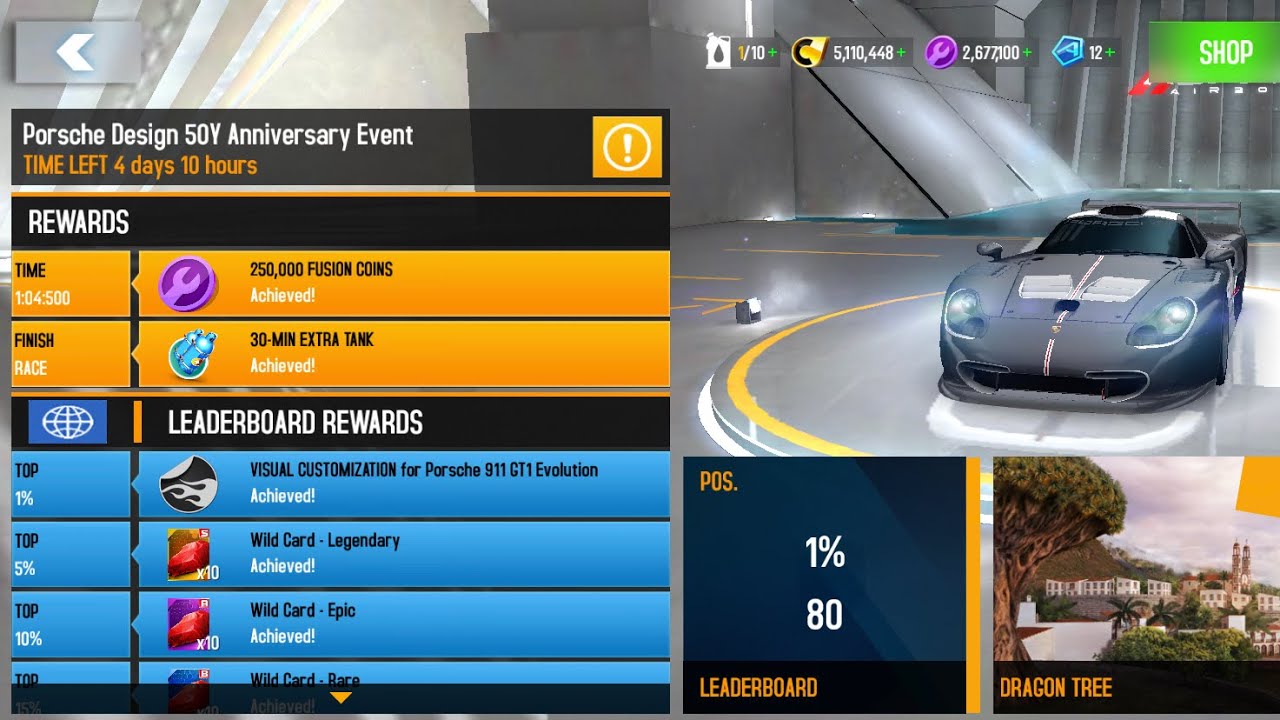 Asphalt 8, Porsche Design 50Y Anniversary Event Dragon Tree Top-100