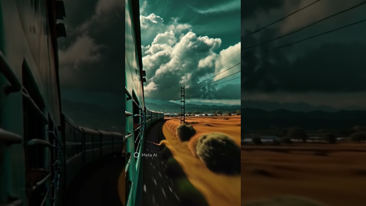 Tracks through fields, dreams through cloudsWhere steel meets soil and skyAn Indian train stitching