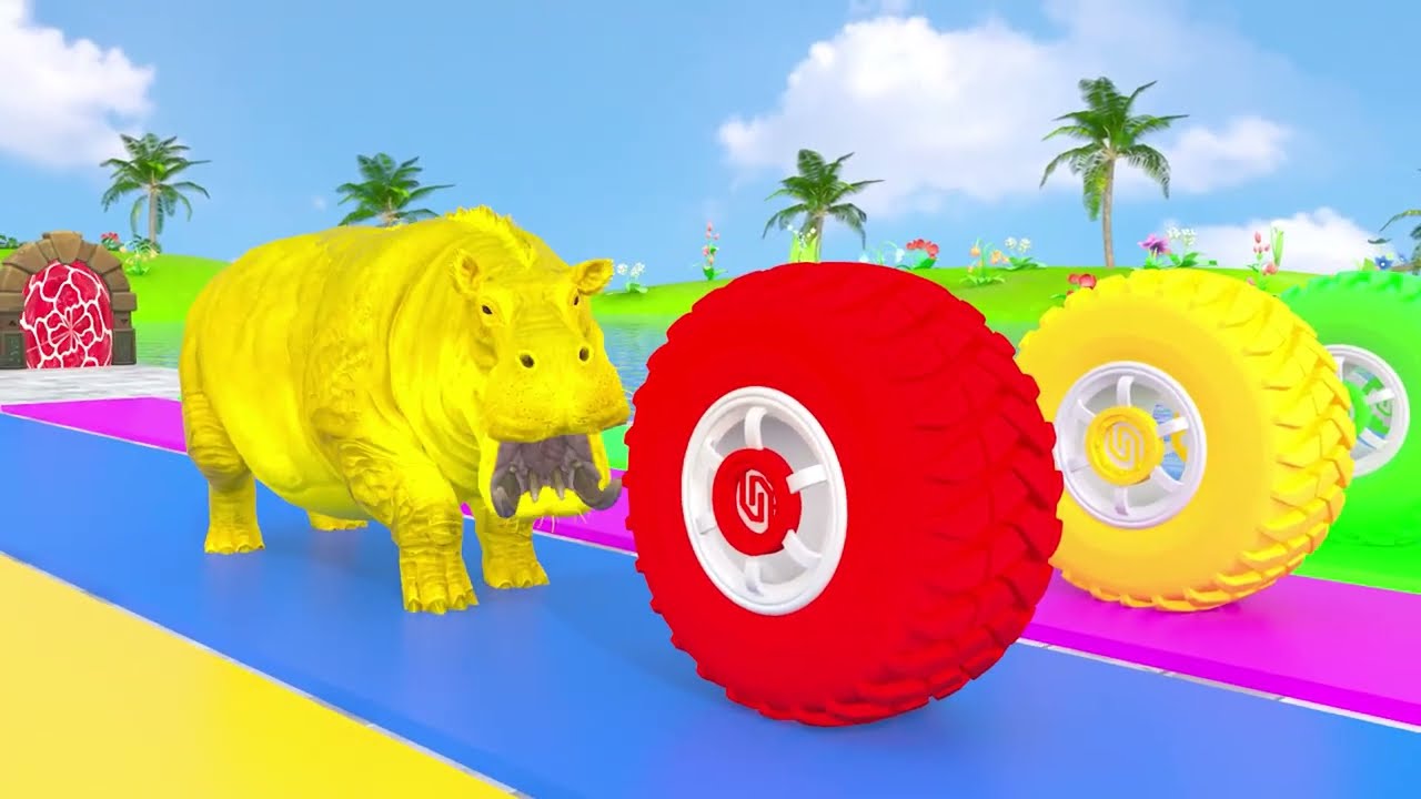 Long Slide Game With Elephant Gorilla Buffalo Hippopotamus Tiger - 3d Animal Game - Funny 3d Animals