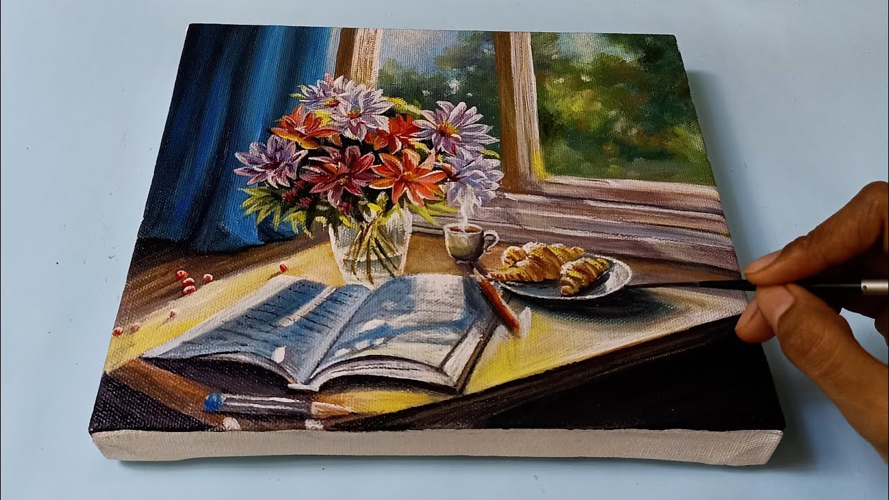 Study Table And A Flower Vase 🌺🌷 Painting With Acrylic Paint // How To Paint Morning Scenery Easily
