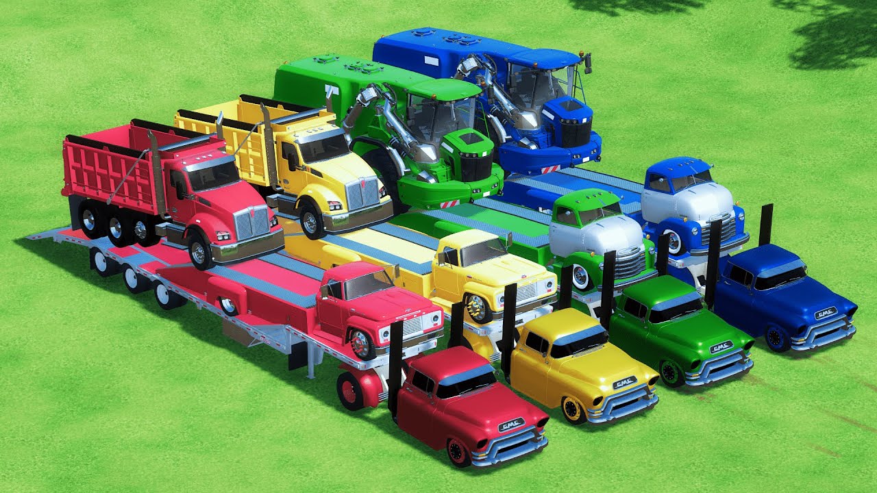TRANSPORTING GMC, CHEVROLET, PONTIAC, HYDRO TRACTOR, COLORFUL CARS WITH TRUCK - FS22
