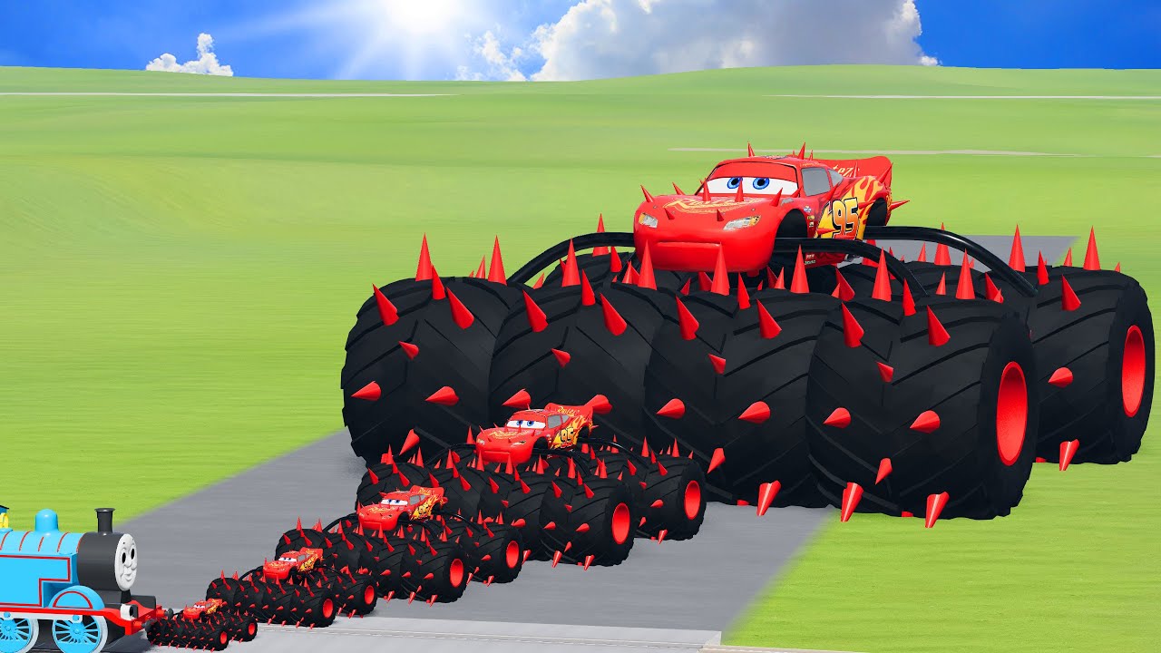 Big & Small McQueen Spider with Spiked Monster Wheels VS Train | BeamNG.drive