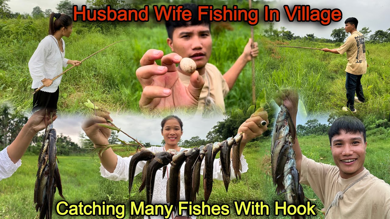 Husband Wife Fishing in Village 😁 Catching Many Fishes With Hook || Jerry's First Fishing Experience