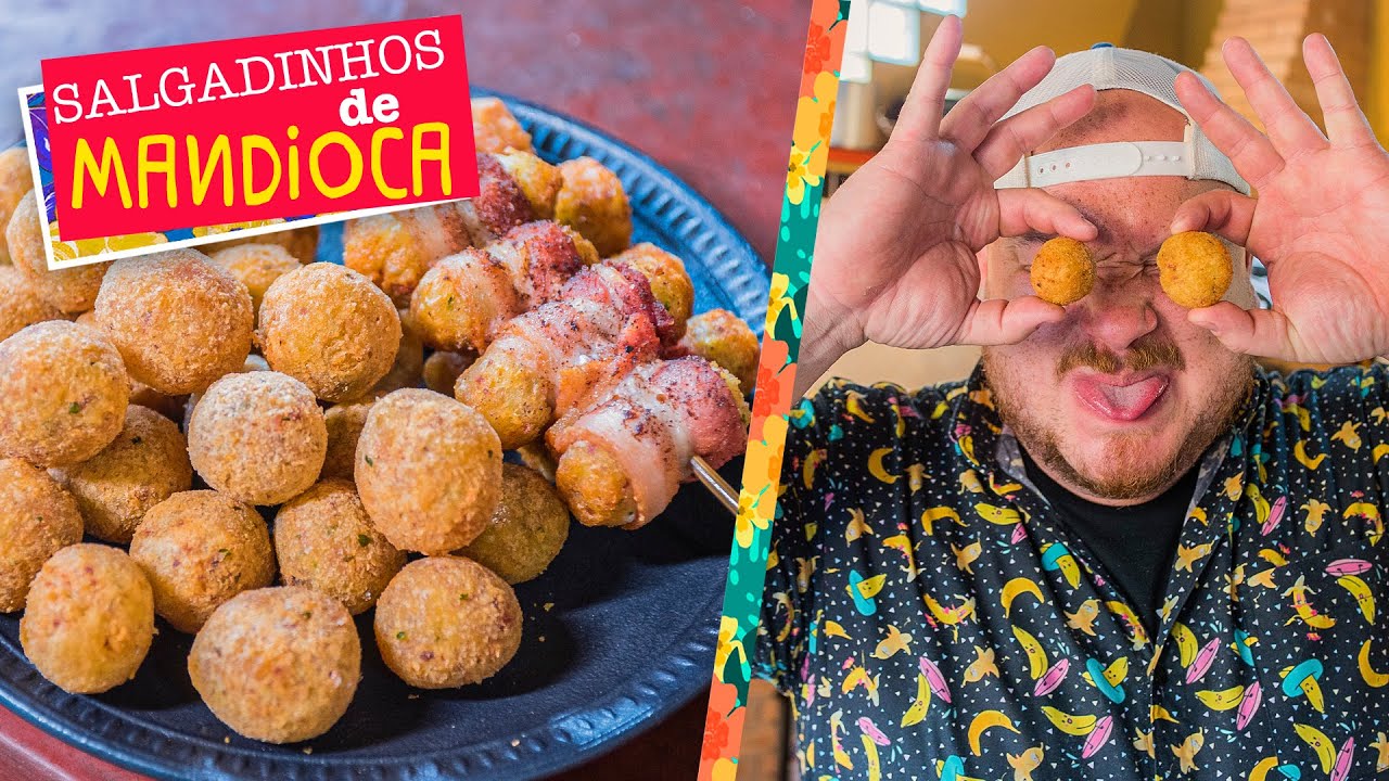 Salgadinhos de Mandioca - Espetinho de Medalhão com Bacon e Bolinho de Mandioca Frito / Égua Doido