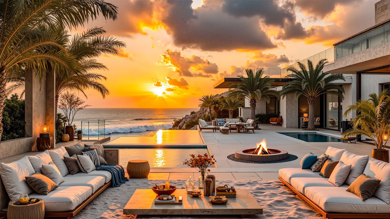 Luxury Seaside Bar With Warm Sunsets And Romantic Jazz - Soothing Jazz Accompanied By Gentle Waves