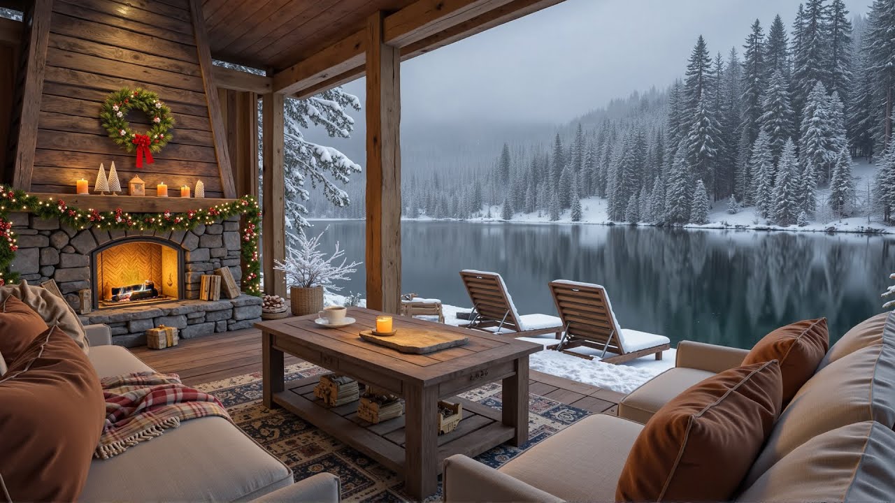 Relaxing Winter Jazz With Crackling Fireplace 🔥 Cozy Cabin Ambience by the Lake for Reading & Sleep