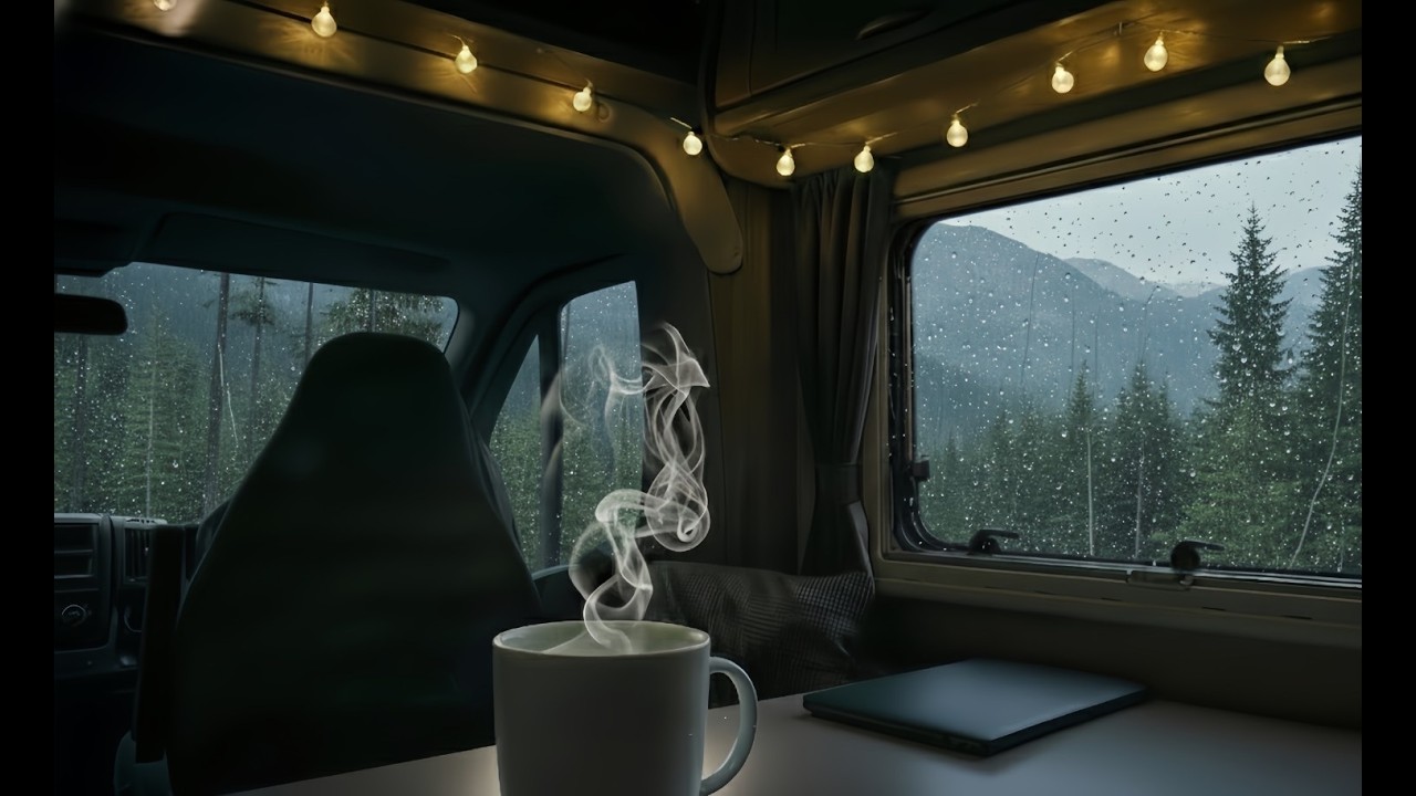 (NO ADS) Warm inside, Soft Rain Outside Campervan on top of mountain | Deep Relaxation | Study