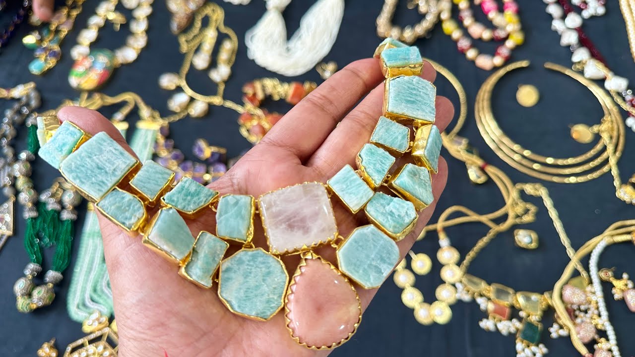 Golden Matte Brass Jewellery | Natural Stone Necklaces | Jaipuri Jewellery Manufacturer #jewellery