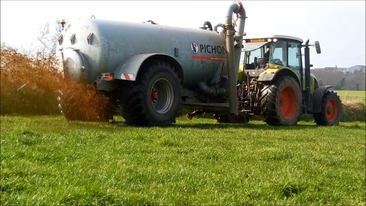 Epandage de lisier sur l'herbe 2014 Claas ares 617 ATZ et Pichon