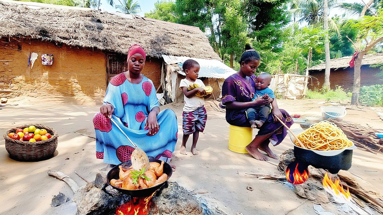 Authentic African Village Feast 🍝🍗 Cooking Spaghetti & Chicken for Family | A Meal Full of Happiness