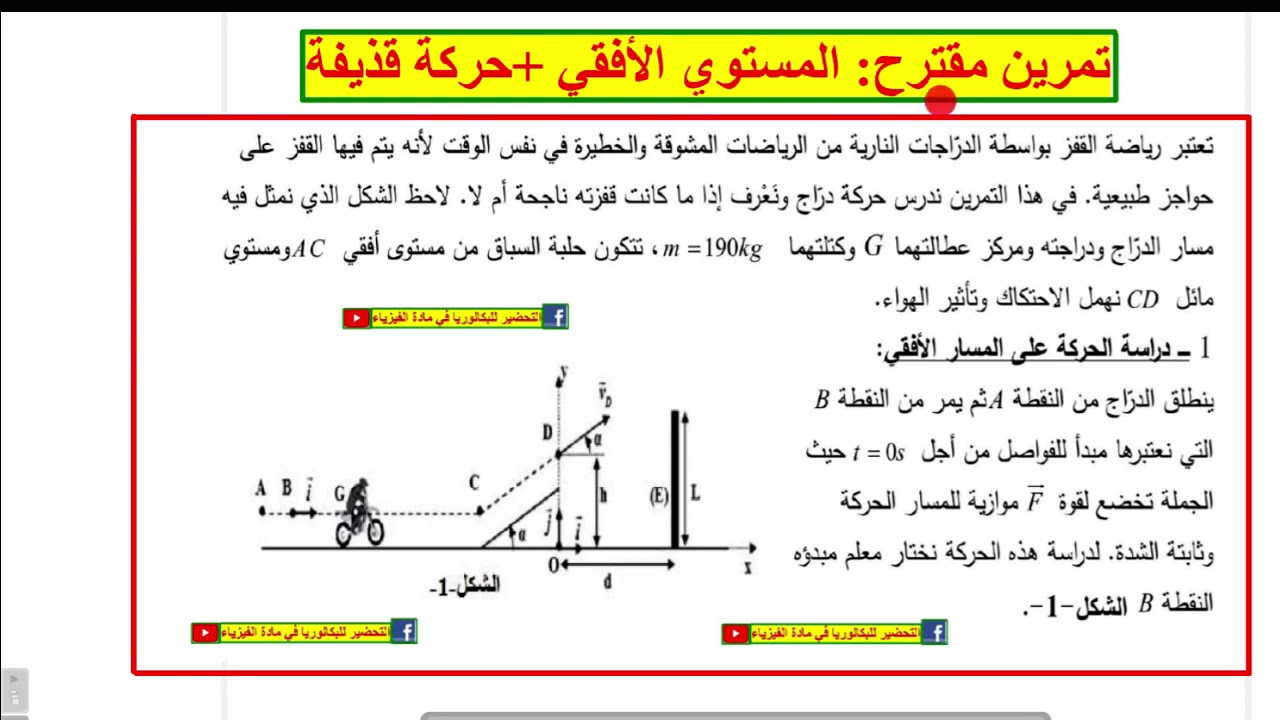 تمرين مقترح : المستوي الأفقي + دراسة حركة قذيفة