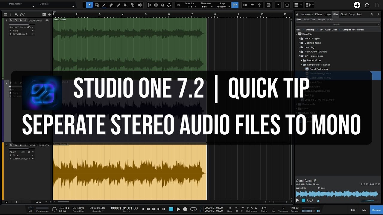 Studio One 7.2 | Quick Tip |  Seperate Stereo Audio Files to Mono