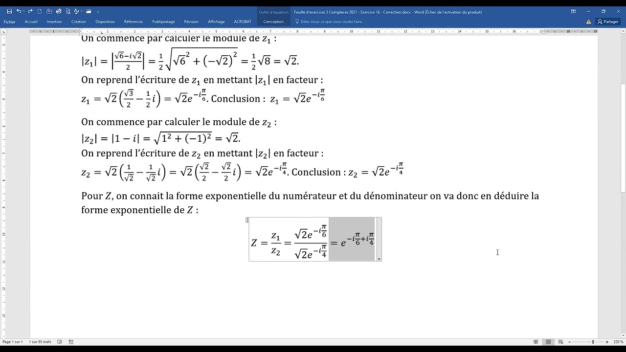 Exercice 18 nombres complexes