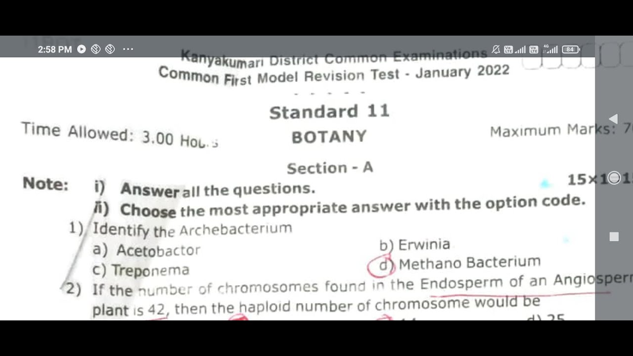 11th Botany First Revision test question paper 2022 / Answer key /  kanyakumari district