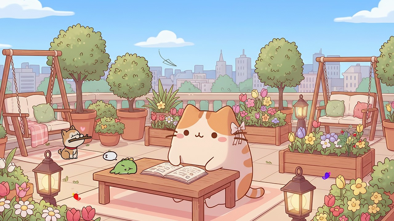 Mochi Cat's Sunny Terrace Study ☀️ Calm Lofi Hip Hop to Relax/Study to 🎧 Aesthetic Spring Vibes
