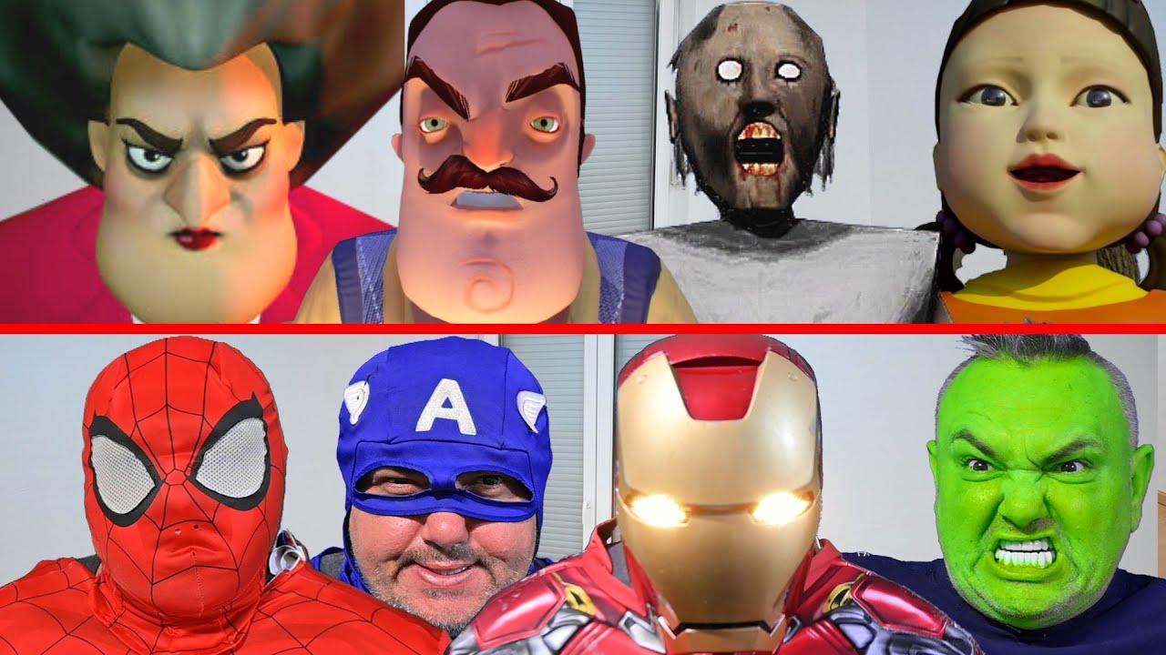 Супергерои против Scary Teacher 3D против Hello Neighbor против Granny