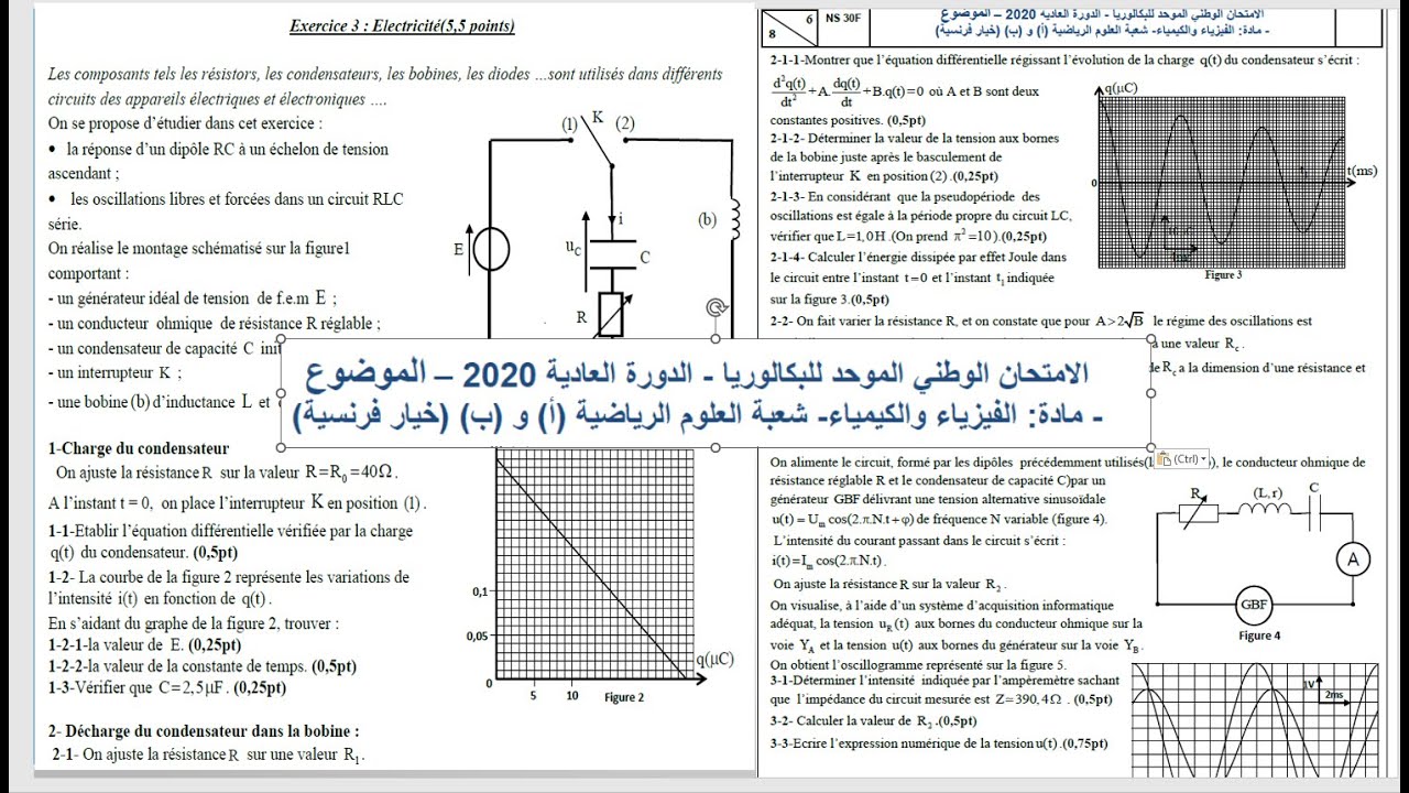 Exercice d’électricité examen SM 2020 normal oscillations électriques libres RC rLC