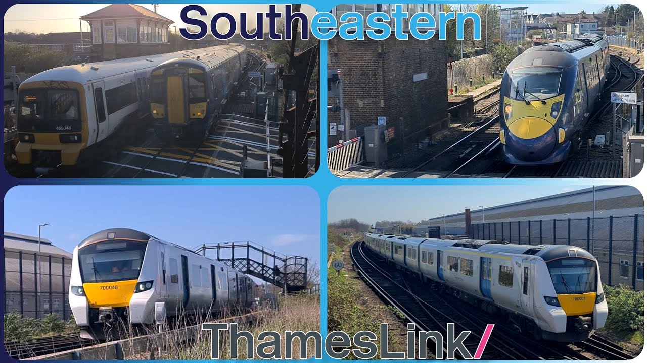 Trains at Gillingham level crossing on the Chatham Main Line.