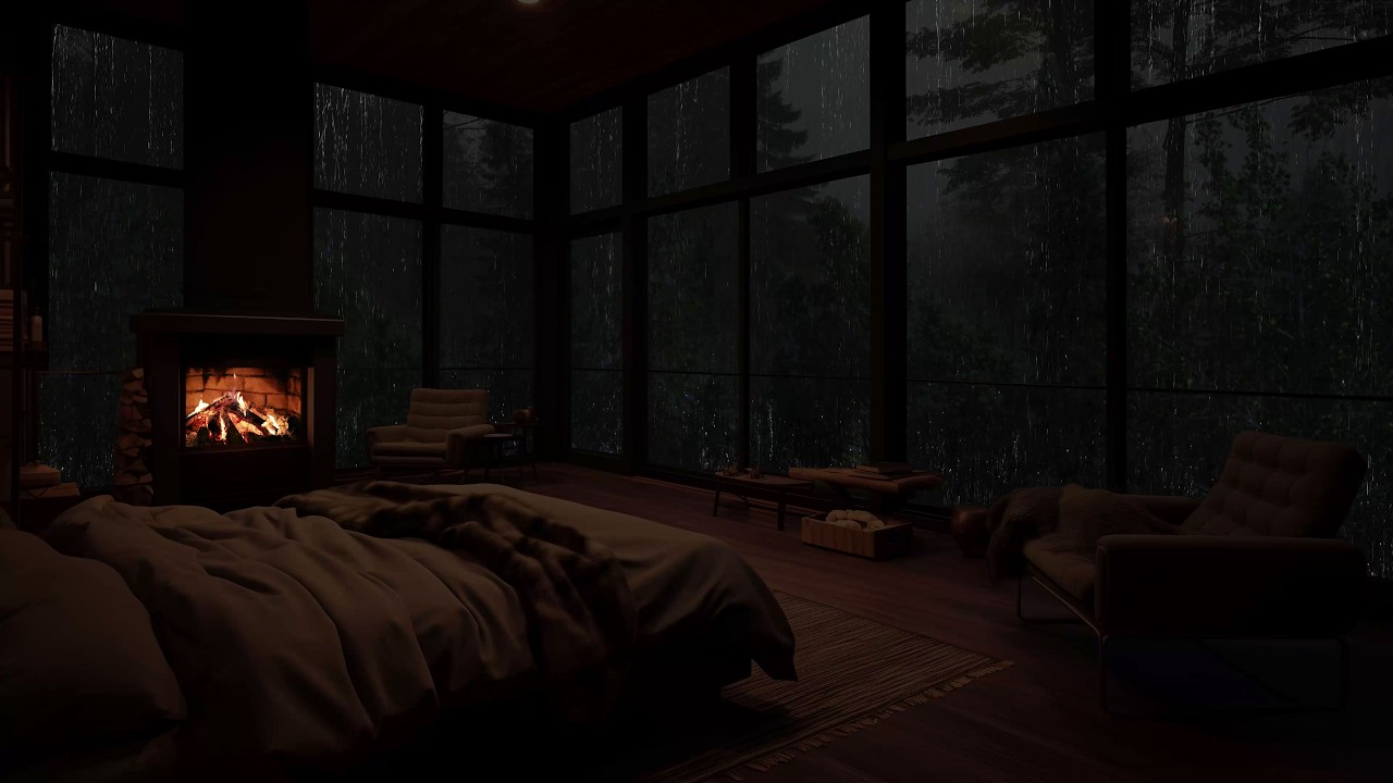 Cabana acolhedora com lareira e chuva na floresta tropical: Sons relaxantes de chuva
